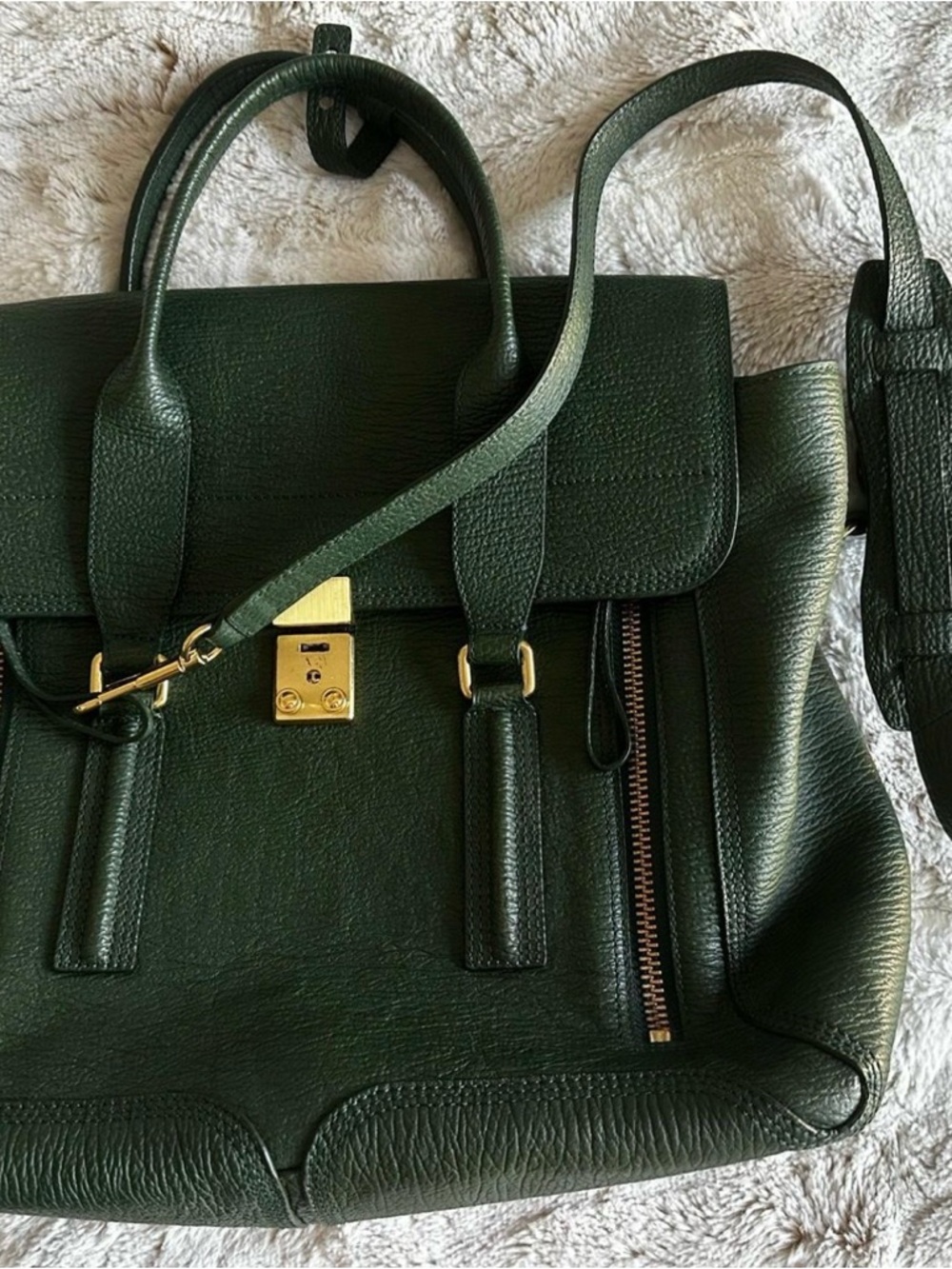 3.1 Phillip Lim Dark Green Leather Top-Handle Satchel with Gold Hardware
